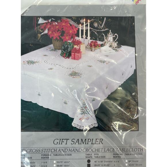 Vintage Hand Cross Stitch Lace Tablecloth Christmas Tree 68 x 122 NOS - Picture 2 of 7